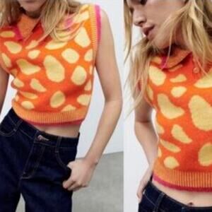 Zara NWT Cropped Sweater Vest Collared Orange Yellow Pink Size Smallujhiokgtyvd